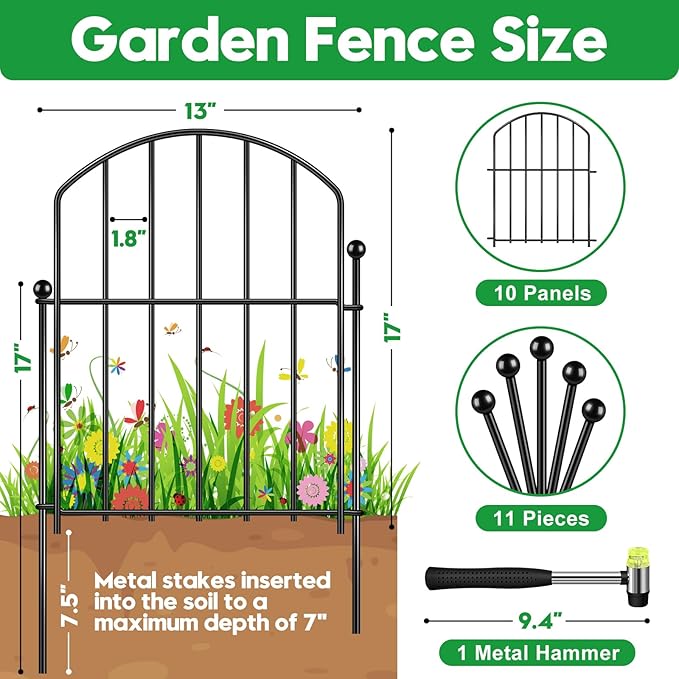 Decorative Garden Fence 17in (H) x15ft (L), Arched Rustproof Metal No Dig Fence for Dogs & Rabbit, Ornamental Animal Barrier for Flower Beds, Border Panels Fencing for Yard & Patio Outdoor Decor