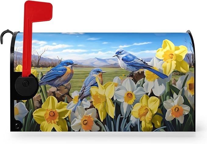 Summer Bluebirds Mailbox Covers Magnetic Spring Summer Daffodil Mail Box Post Letter Cover Bird Flowers Mailbox Wrap Farmhouse Blue Sky Mailbox Cover Standard Size 21x18 Inch