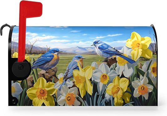 Summer Bluebirds Mailbox Covers Magnetic Spring Summer Daffodil Mail Box Post Letter Cover Bird Flowers Mailbox Wrap Farmhouse Blue Sky Mailbox Cover Standard Size 21x18 Inch
