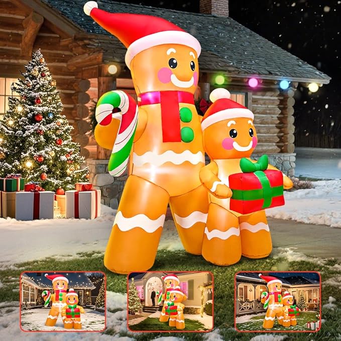 5FT Christmas Inflatables Outdoor Decorations Inflatable Gingerbread, Built in LED Lights Blow up Yard Decorations for Xmas Holiday Party Indoor Garden Lawn Décor