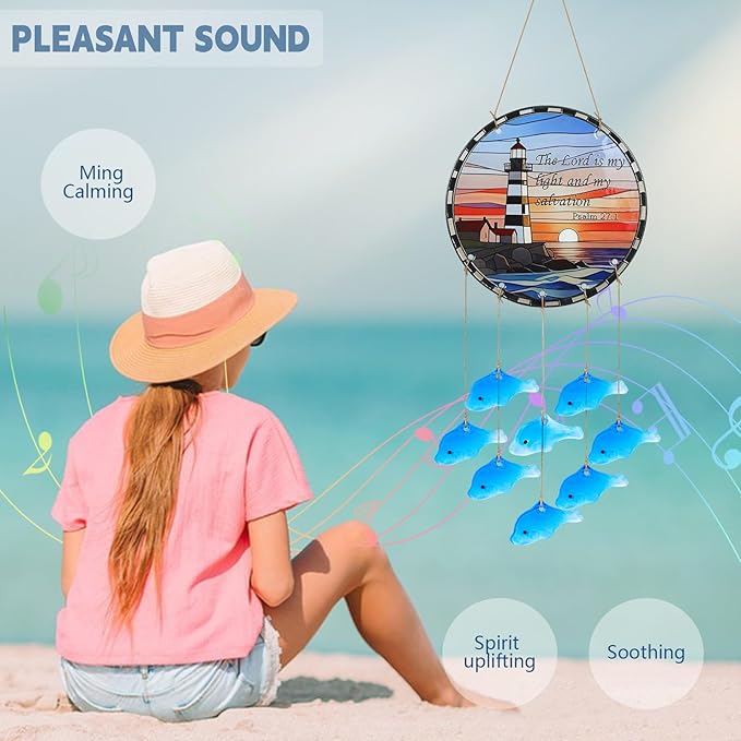Sea Glass Fish Wind Chimes for Outside, Lighthouse Glass Windchimes Outdoors, Windchimes Outdoors Unique Suncatcher, Patio Beach Outdoor Home Garden Decor, Memorial Garden Christmas Decoration Gifts