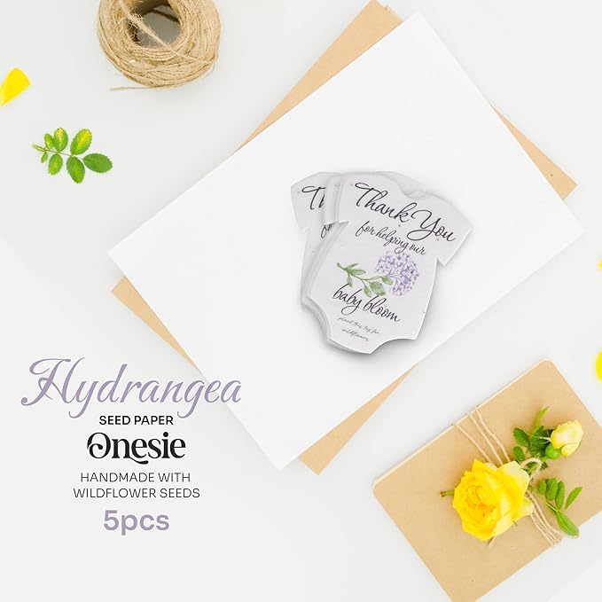 Onesie Seed Paper – 5Pcs Hydrangea Baby Shower Favors for Guests with Wildflower Seeds, Writable & Plantable, Baby Shower Gifts for Guest