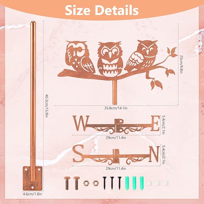 SUPERDANT Owls on Branch Weather Vane Animals Wind Vanes for Yard Metal Weathervane Roof Mount for Gardens Outside Reddish Copper Weathervanes Farmhouse Farm Barn Sheds Patio Decorations
