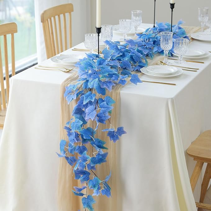 Mizii 3 Strands Artificial Vines Blue Ivy Garland 74" Fake Vine with Silk Leaves Faux Hanging Plants Greenery Decoration for Outdoors Wedding Party Indoor Bedroom Home Wall Room Decor (Blue)