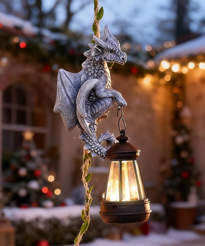 Nacome Dragon Outdoor Statues for Garden: Outside Hanging Climbing Sculptures with Lantern Decor for Yard Art Porch Balcony - Christmas Birthday Gifts for Grandma Mom Women