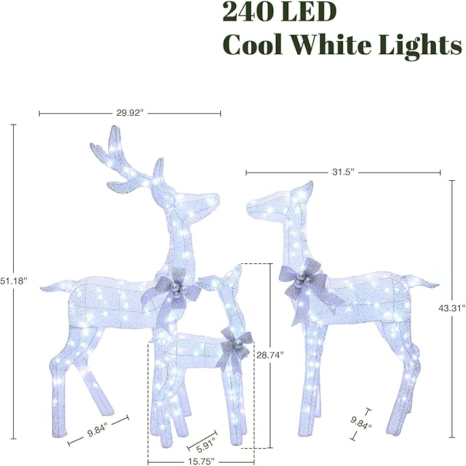 LuxenHome 3PCs Reindeer Christmas Decoration, Lighted Reindeer Family with Silver Bow and Ornament, 240 Cool White LED Lights, Front Porch Christmas Decorations Indoor & Outdoor Yard Decor