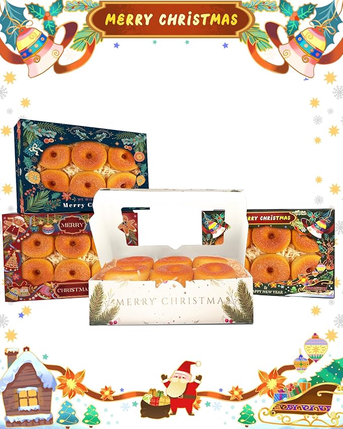 qiqee Christmas Cookie Box with Window 9x6x2.5 inch 50Pcs Pastry Macaron Retro Christmas Bakery Box For Christmas