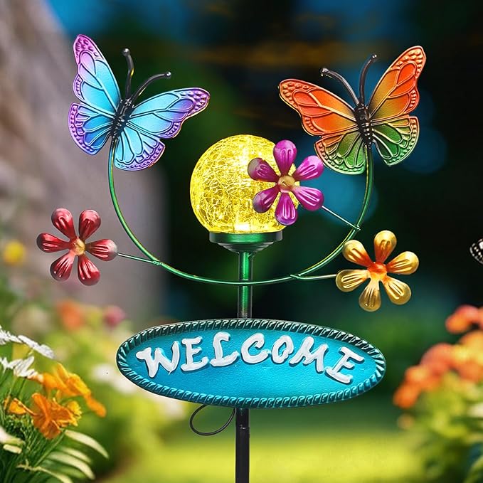 Solar Garden Stakes Metal Welcome Signs for Outside 28.1' - 2 Flying Butterflies with Cracked Glass Ball,Decorative Garden Stakes for Lawn, Patio, Butterfly Gifts for Women