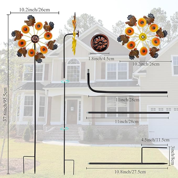 VEWOGARDEN 2PCS Wind Spinners Outdoor, Metal Wind Spinners with Sunflower and Hen Design for Yard Garden Lawn Thanksgiving Decorations