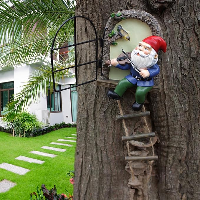 Garden Gnome Window Statue for Trees and Wall, Dwarf Playing Violin Luminous Fairy Garden Miniature Accessories, Glow in The Dark Art Sculpture