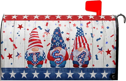 Patriotic Gnomes Mailbox Cover Magnetic 4th of July Elf USA Stars Independence Day Mailbox Wrap Post Cover Large Size 25.5"x21" for Garden Yard Outdoor Outside Holiday Decor