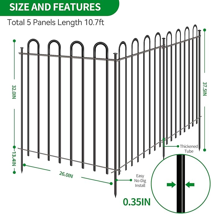 5 Panels Decorative Garden Fence, 32 in (H) x 10.8 ft (L) Metal Thick Tube No Dig Dog Fence Outdoor for Yard, Rustproof Tall Animal Barrier Fencing, Garden Edging Border for Yard, Patio