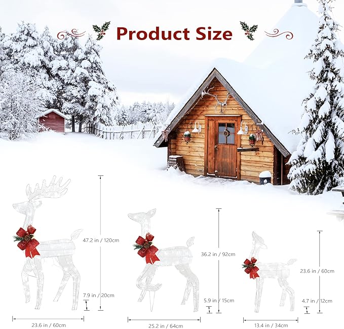 VINGLI Lighted Reindeer Christmas Decoration 3-Piece Deer Family Set for Outdoor Decor, Pre-lit 270 LED Christmas Deers for Outdoors Yard Ornament with Stakes, Zip Ties-White
