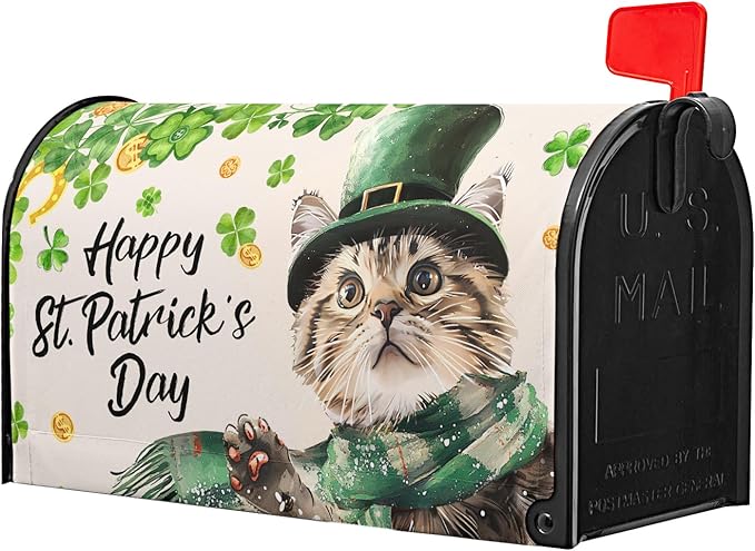 Patrick Cat Magnetic Mailbox Cover 25.5x21 Inch Happy St. Patrick's Day Clover Shamrocks Kitten Mailbox Wrap Post Cover Standard Size for Garden Yard Outdoor Outside Patio Holiday Decor