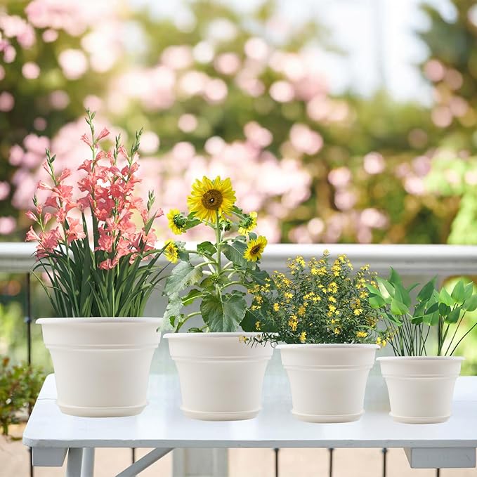 13 Inch Plastic-Flower-Pot-for-Indoor-Plants, 4 Pack Large Outdoor Planter Pot with Drainage Holes & Saucers, Resin Decorative Garden Pots Planters