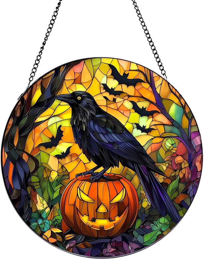 Crow Stained Glass Window Hanging,Halloween Window Decor, Fall Hanging Ornaments for Women Round Stained Glass Panels Ornaments for Fall Gift,Housewarming Gift, (A Style)