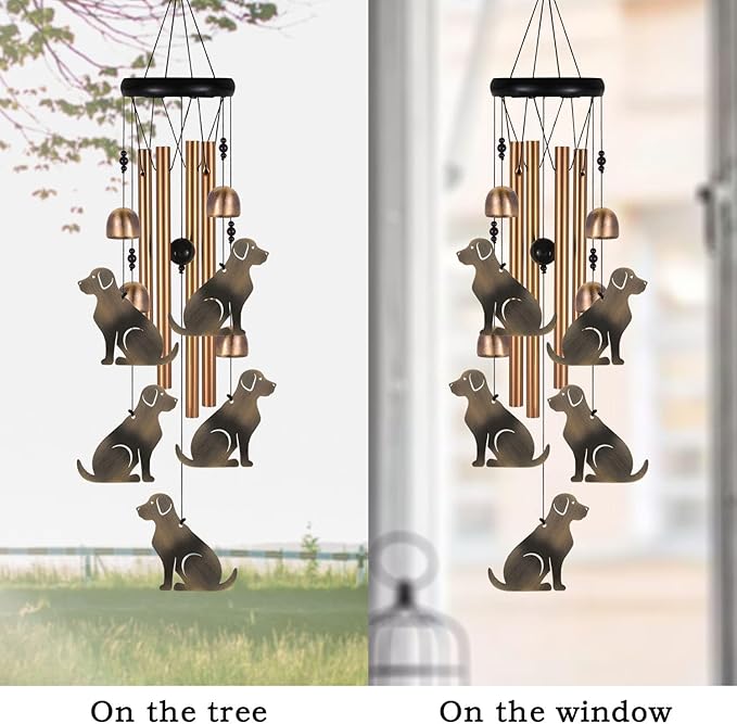 Bronze Dog Wind Chime, Gifts for Mom, Home, Garden, Balconies, Room, Patio, Indoor, Outdoor Decoration, Chimes, with 4 Aluminum Tubes 5 Dog Wind Catcher, Wind Bell Decor