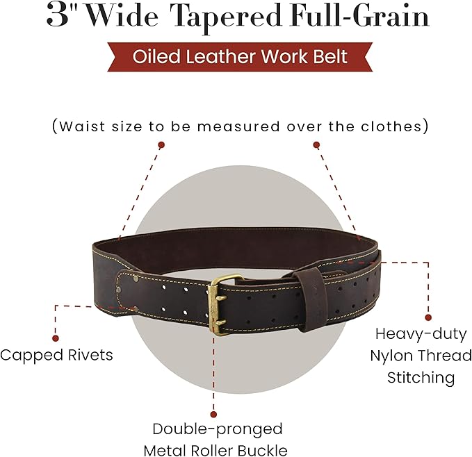 Style N Craft - 3" Wide, Long, Tapered Full-Grain Oiled Leather Work Belt, Durable, Stylish and Rugged, available in 3 sizes
