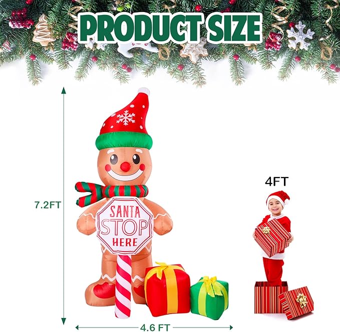 Vipush 7.2 FT Santa Stop Here Sign Christmas Inflatable The Gingerbread Man with LED Lights for Christmas Decorations Indoor Outdoor Yard Lawn Holiday Garden Decorations