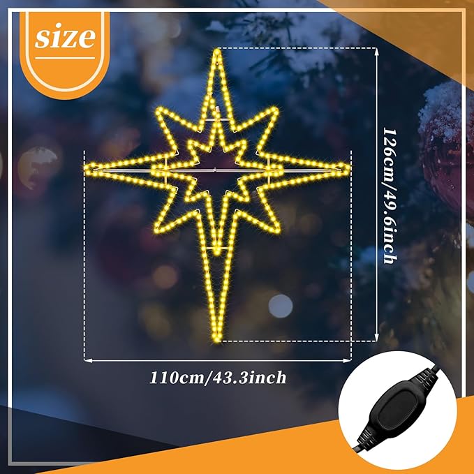 Outdoor Christmas Star of Bethlehem Large LED Star Window Plug Operated Lighted for Xmas Wall Window Indoor Outside Home Street Store Holiday Decorations(50'',Warm Light)