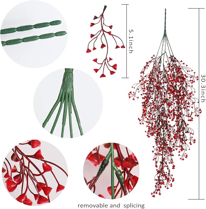 RECUTMS Vine Plant Fake 4 Pcs Ferns Artificial Plants Large Faux Hanging Plant Artificial Hanging Plants Wall Plants Fake Ivy Room Decor Home Garden Wedding Party Indoor Outdoor Decorations(Red 4P)