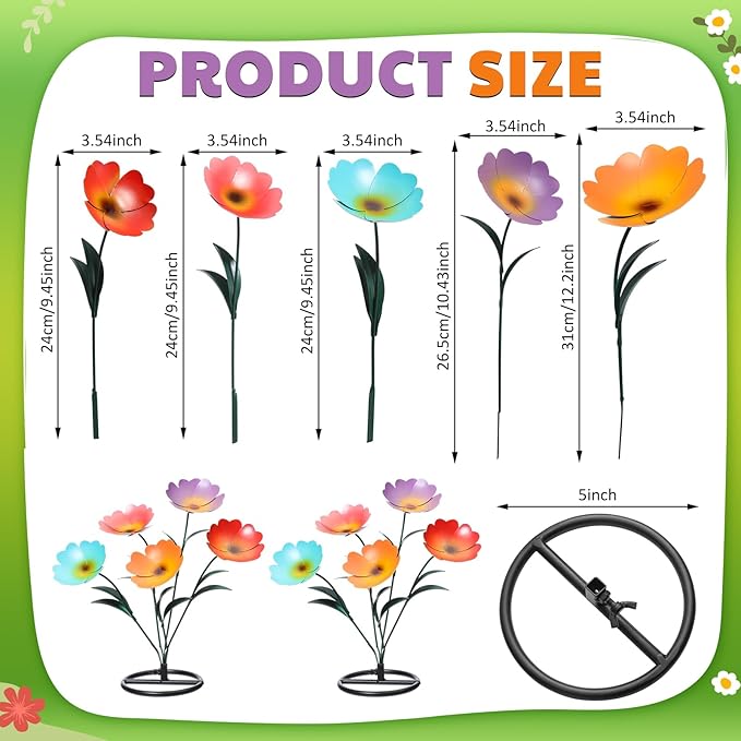 2 Pack Metal Flowers for Outdoor, Decorative Garden Stakes Yard Art, Outdoor Spring Garden Stake Summer Decor Bouquet of Poppy Flower Rustic Handcrafted Items for Lawn Porch Fence(Colorful)