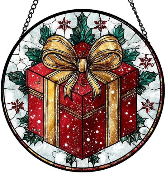 Stained Glass Window Hanging – 11.8 in Box Panel with Chain， Bathroom Front Door Living Room Garden Decor， Holiday Present Gift for Mom Wife Lovers