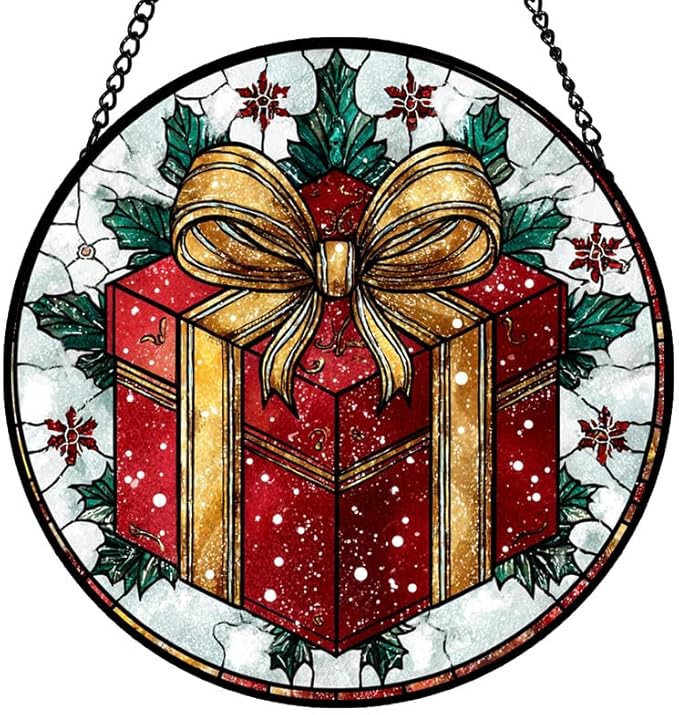 Stained Glass Window Hanging – 9.8 in Box Panel with Chain， Bathroom Front Door Living Room Garden Decor， Holiday Present Gift for Mom Wife Lovers