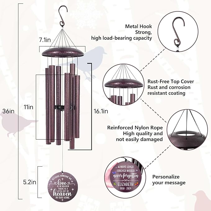 ASTARIN Personalized Memorial Wind Chime for Loss of Loved One 30/36/42 inch, Sympathy Deep Tone Wind Chimes for Mom Dad/Mother Father, Remembrance Gifts for Grief Condolence Funeral, Bereavement 22