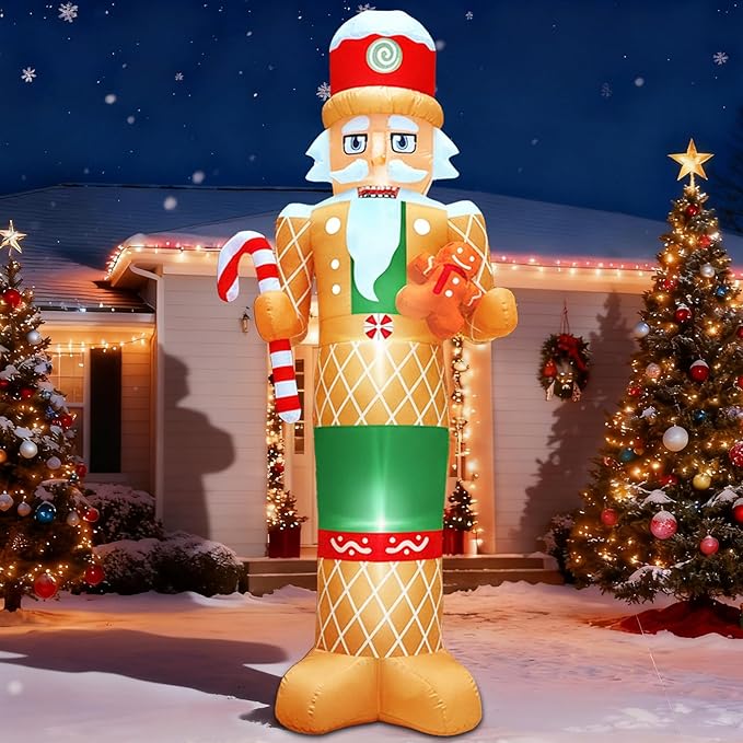 8 FT Christmas Inflatables Outdoor Decorations Nutcracker with Little Gingerbread Man Hold Candy Cane Blow Up Yard Decoration with Built-in LEDs for Xmas Holiday Outside Garden Lawn Yard Decor