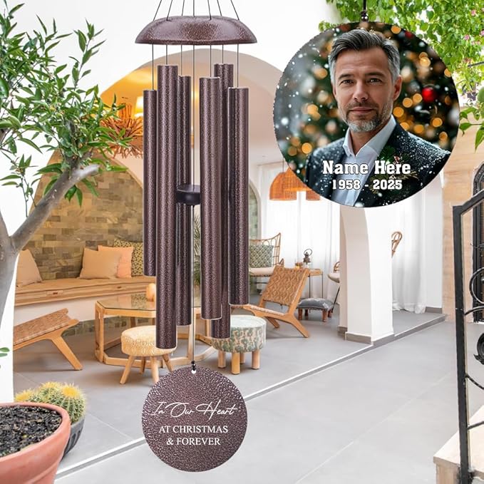 Sympathy Wind Chimes, Custom Photo Wind Chimes for Outside - Memorial Wind Chimes for Loss of Mother, Father, or Loved One - Bereavement and Condolence Gift (Produced in USA)