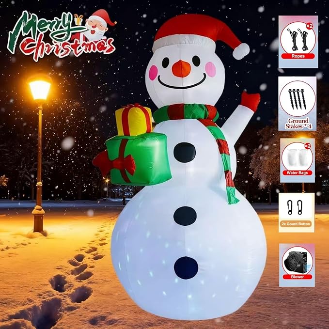 8FT Christmas Inflatable Outdoor Decoration Christmas Snowman with Gift Boxes Built-in Colored Lights & LED Lights Suitable for Yard, Lawn, Outdoor Holiday Party Decorations、