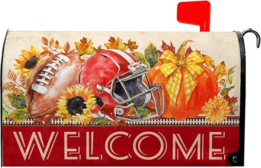 Welcome Fall Mailbox Covers Autumn Football Mail Box Cover Magnetic Standard Size 21x18 inch Sunflower Pumpkin Maple Leaf Mailbox Wraps for Outside Garden Yard