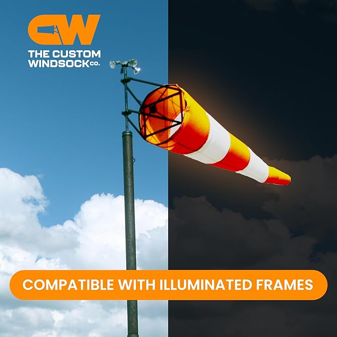 18"x48" Airport Windsock | Heavy Duty, All Weather, Waterproof, UV Fade Resistant, High Vis Fluorescent, Quad Stitched, Zip Ties Included, for Industrial, Ranch, and Agricultural Use | Orange & White