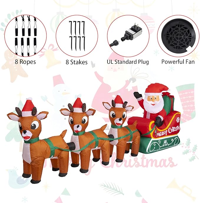 8FT Christmas Inflatables Outdoor Decoration Christmas Blow Up Yard Decorations Inflatable Santa Claus on Sleigh with Reindeers Outdoor Indoor Holiday Lawn Yard Decor