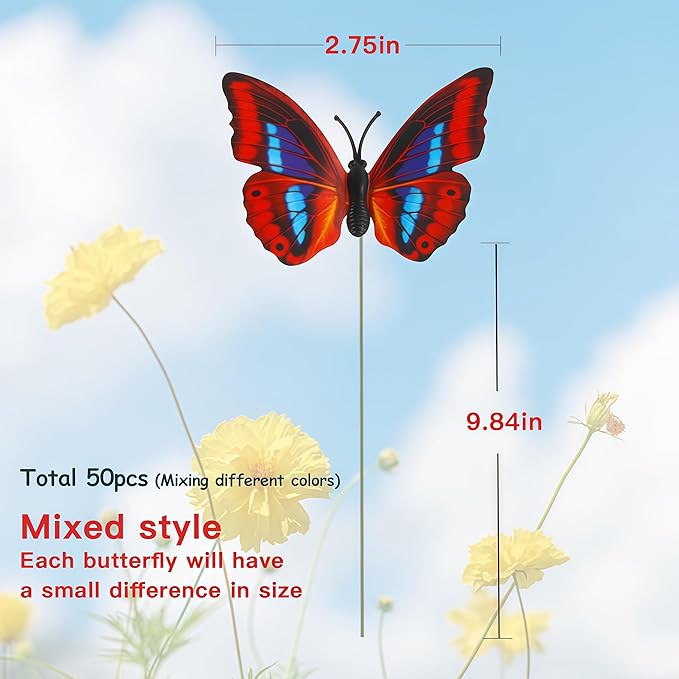 50PCS Butterfly Decorations, 11.8 inch Butterfly Stakes Ornaments Artificial Waterproof Colorfuli Butterflies for Flower Bouquet Outdoor Indoor Yard Art Patio Plant Pot Flower Bed Home Décor