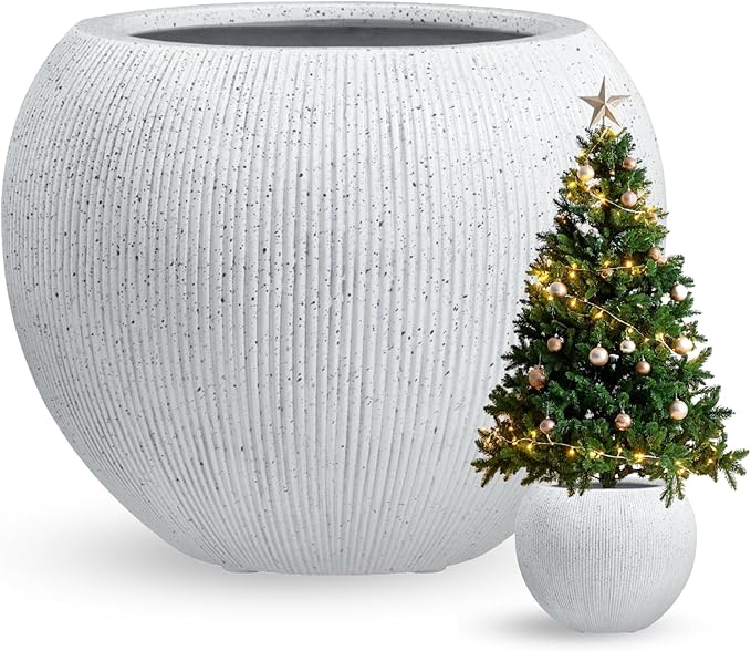 12.8" H x 16" D Globo Fiberstone Round Planter - Christmas Tree Planter, Ribbed Finish, Planters for Indoor Plants & Outdoor, 2 Extra Coco Mats (Speckled White, 10.7" Pot Opening)