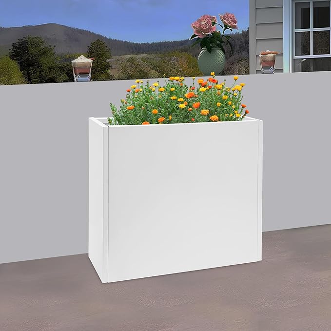 Metal Planter Box, Tall Rectangular Raised Garden Bed with Removable Shelf and Drainage Holes, Modern Steel Garden Planter, Flower Planter Boxes for Patio, Yard & Porch, Outdoor (White, 34*10*30in)