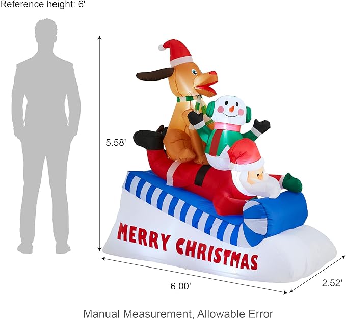 Glitzhome 6FT Inflatable Skiing Santa with Snowman and Dog, LED Christmas Yard Decoration, Animated Outdoor Indoor Xmas Decor with Merry Christmas Sign