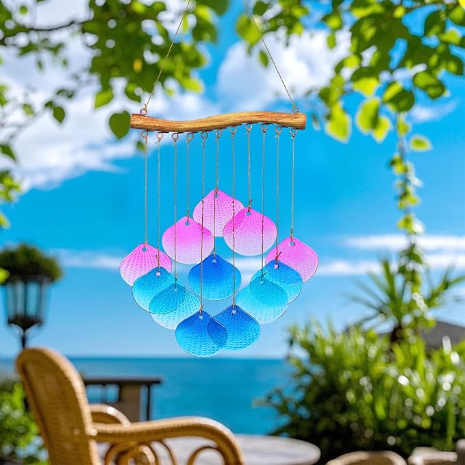 Glass Shell Wind Chimes for Outdoor Decor -Durable Windchimes for Garden, Porch, and Outside Spaces, Unique Handmade Outdoor Wind Chimes, Yard Decorations