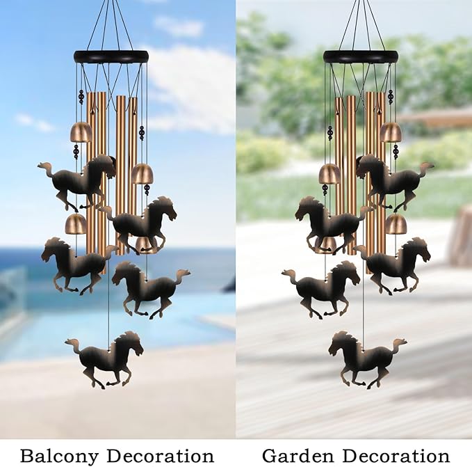 Outdoor Bronze Horse Wind Chimes Decoration, Gifts for Mom, Home, Garden, Balconies, Rooms, Patio, Indoor, Horse Chimes, 4 Aluminum Tubes 5 Horses Wind Chime, Horse Wind Catcher, Horse Wind Bell Gift