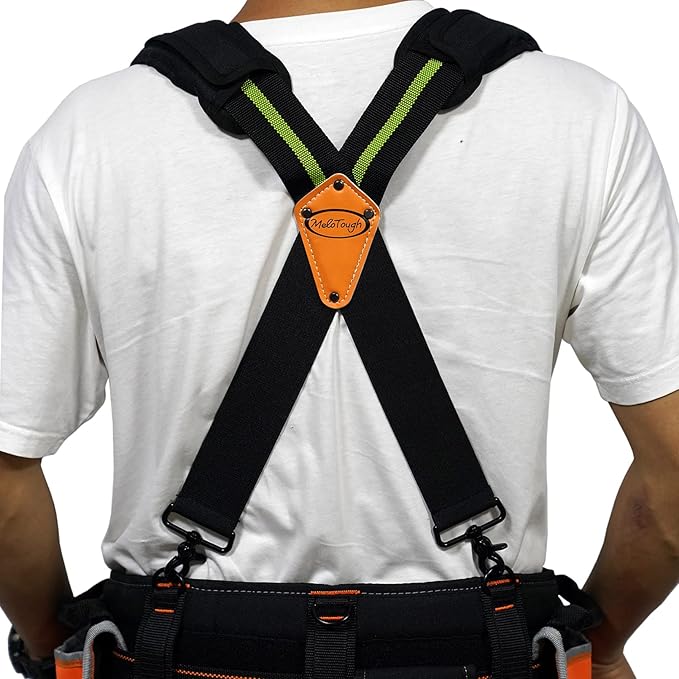 MELOTOUGH Tool Belt Suspenders Tool belt Harness for Heavy Duty Work belt with Movable shoulder Pads, Quick lobster clasp (Green Strip)