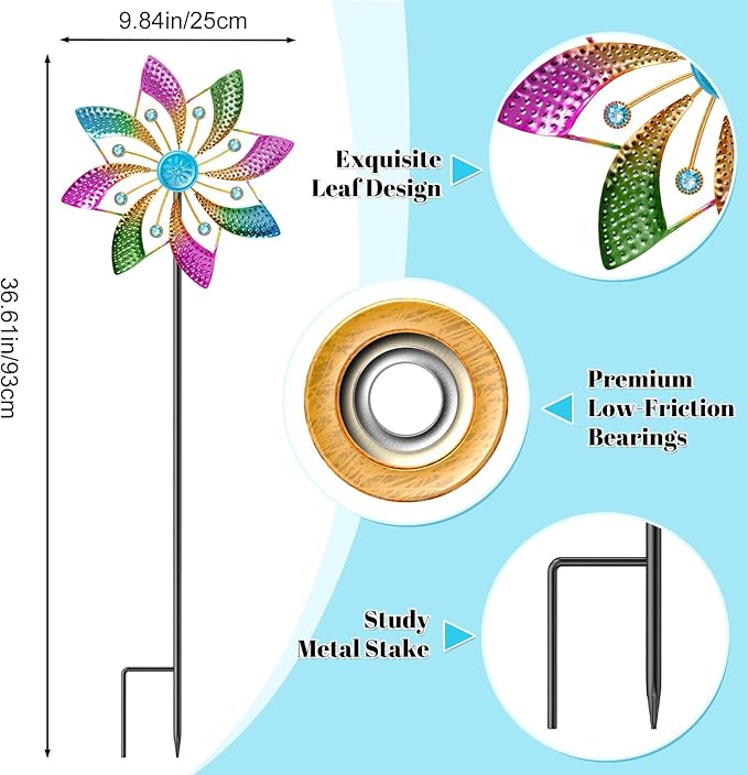 Colorful Outdoor Wind Spinner, Kinetic Small Garden Windmill with Stake, Geometric Metal Pinwheels for Yard Patio Art Decor(B-Colorful-1PCS)