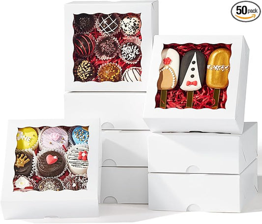 50 Pcs 6x6x2.5 Inches Cookies Boxes Bakery Boxes with Clear Window Chocolate Covered Strawberries Boxes Cake Pie BoxeTruffle Treat Boxes for Gift Cakesickle Browines Pasta Christmas