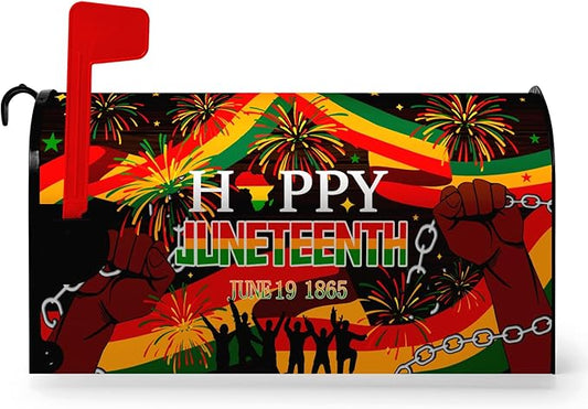 Happy Juneteenth Magnetic Mailbox Cover African Fist in Black Mailbox Wraps June 19 1865 Post Letter Box Cover for Farmhouse Outdoor Garden Yard Home Decor Standard Size 21 X 18 Inch