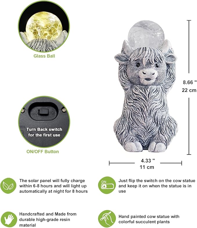 Nacome Solar Highland Cow Garden Decor - Outdoor Statues with Bubble Ball Balcony Lown Patio Porch Sculptures Front Yard Art for Outside - Birthday Gifts for Mom Grandma Women(Grey)