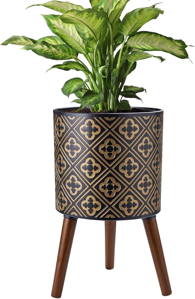 nacltlo12 Inch Planter for Indoor Plants,Plant Pot with Stand,Large Modern Mid-Century Plant Pots Indoor Outdoor with Drainage for Home Garden Patio,Black and Gold