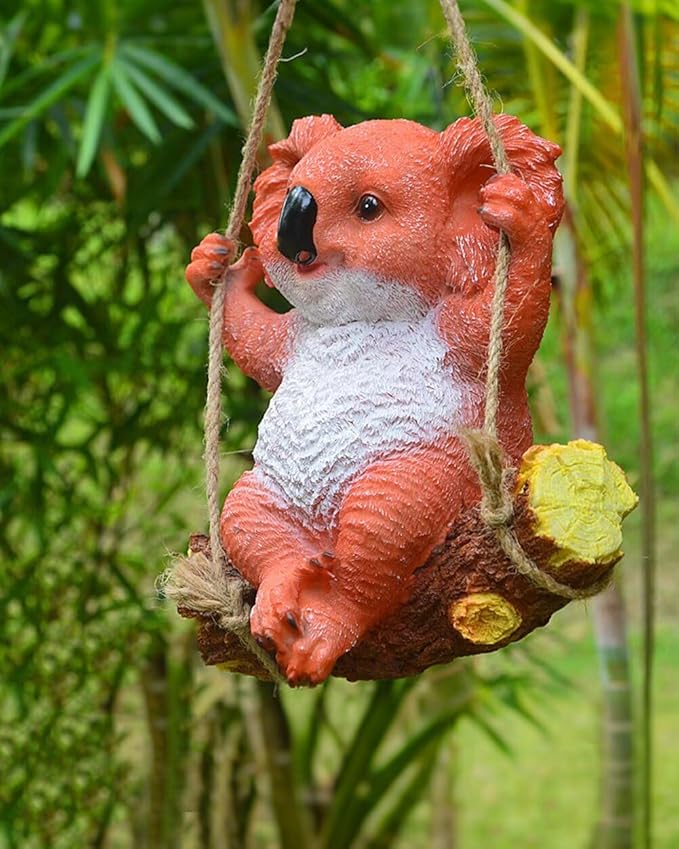 Swinging Koala Figurines Resin Garden Statues for Patio Balcony Backyard Lawn Ornaments Orange A