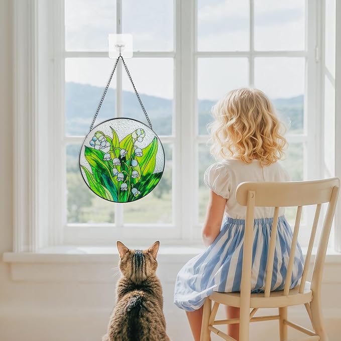 Suncatcher Stained Glass Window Hanging - Flowers Glass Panel with Metal Chain and Hooks Handmade Sun Catcher Decoration for Window Garden Home Christmas & Birthday Gifts (8 Inch)