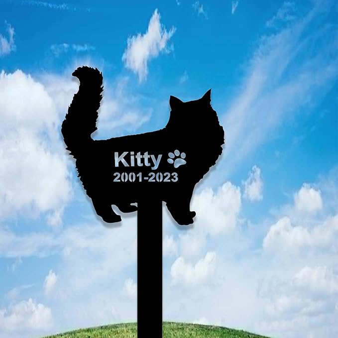 Custom Fluffy Cat Memorial Stake Sign - Metal Long Hair Grave Marker - Personalized Garden Decor - Pet in Heaven Remembrance Yard Stake - Sympathy Gift